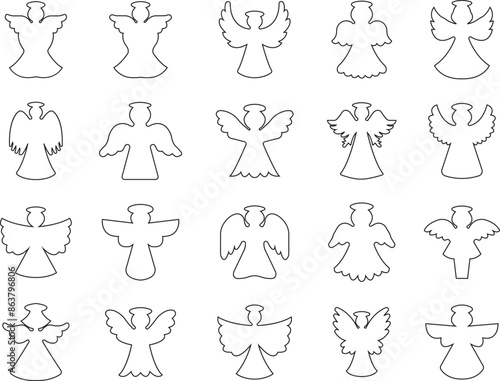 Angels with wings icons Set in outline styles editable stock. Spread, Christmas vectors on transparent background. Holy angel signs for mobile concept and website designs. Symbols, logos illustration.