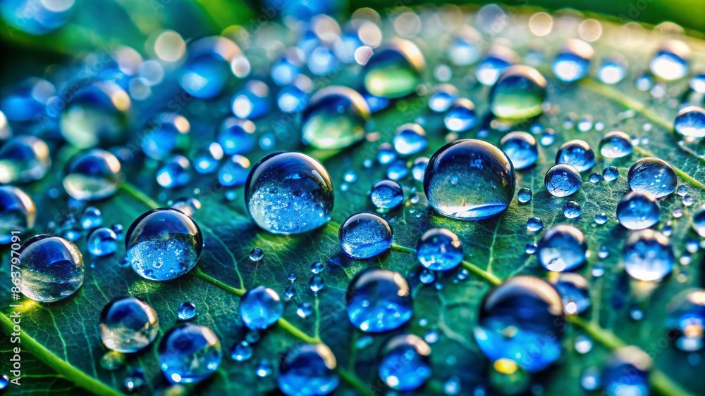 Close-up of crystal clear blue rain droplets glistening on a green leaf with blurred natural outdoor background atmosphere. Close-up of crystal clear blue rain droplets glistening on a green leaf with blurred natural outdoor background atmosphere.