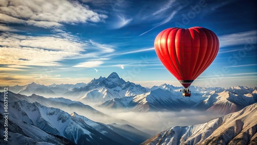 Heart shaped hot air balloon soaring over the majestic mountains on Valentine's Day, love, romance, adventure, travel