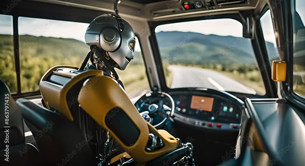 Robot driving a vehicle. Chauffeur robot.