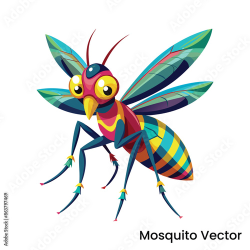 Cute mosquito. Funny gnat insect with wings and proboscis, trunk. Happy smiling sweet adorable flying character. Childish flat graphic vector illustration isolated on white background