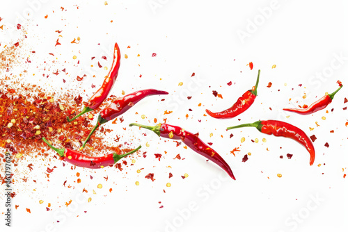 Close-up view, spilled chili powder, red and orange color particles flying in the air, and isolated with white background.