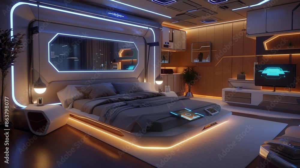 A guest room with a sleek, high-tech design, featuring smart home gadgets, minimalist furniture, and a futuristic bed with integrated lighting.