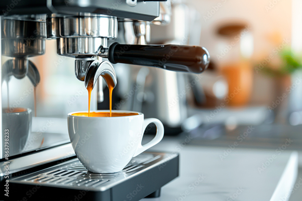 A modern espresso machine brewing a fresh cup of coffee, representing a cozy cafe atmosphere A modern espresso machine brewing a fresh cup of coffee, representing a cozy cafe atmosphere
