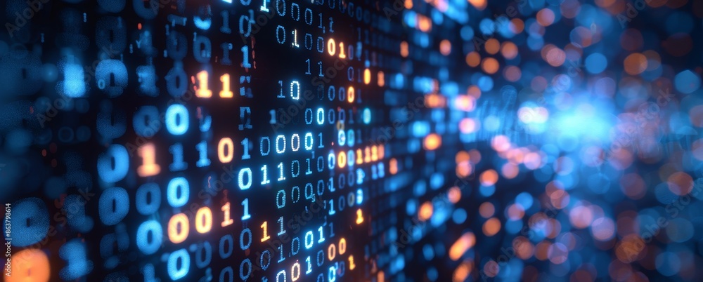 Digital background featuring binary code and data flow, perfect for showcasing AI technology in web design projects. Digital background featuring binary code and data flow, perfect for showcasing AI technology in web design projects.