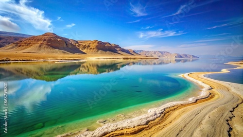 Barren desert landscape surrounding the tranquil waters of the Dead Sea , Dead Sea, Israel, Jordan, salt, mineral