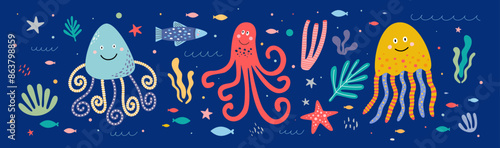 Sea animals. Cute decorative jellyfish and red octopus swim among the fish. Funny inhabitants of the ocean or sea reef. Children's vector illustration of the seabed.