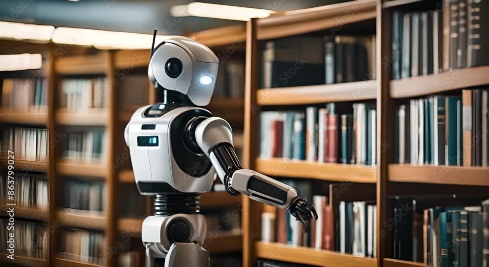 Modern robot in a library. Modern robot in a library.