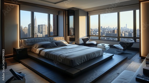 A guest room with a sophisticated, modern design, showcasing a low platform bed with monochrome bedding, sleek furniture, geometric accents, and a large window with city views. © Sana