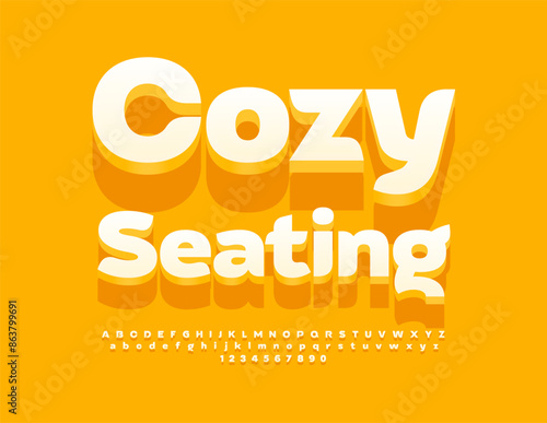 Vector cute banner Cozy Seating. Stylish White 3D Font. Modern Alphabet Letters and Numbers.