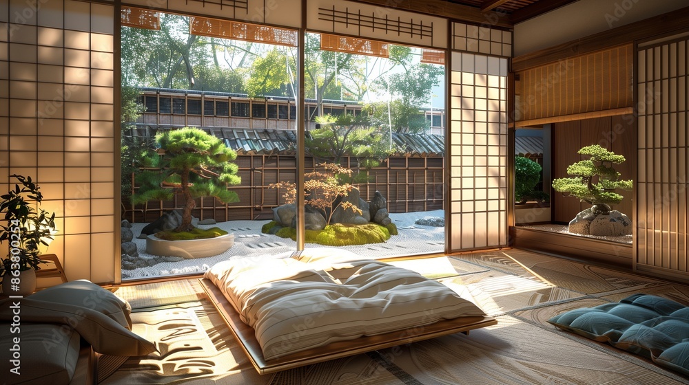 A guest room with a traditional Japanese design, featuring a low futon bed, shoji screens, tatami mats, a small bonsai tree, and a large window with a zen garden view. A guest room with a traditional Japanese design, featuring a low futon bed, shoji screens, tatami mats, a small bonsai tree, and a large window with a zen garden view.
