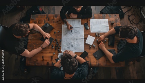 A group of people playing a tabletop game with dice and a map