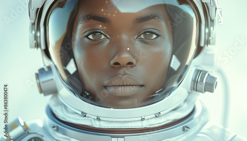 Young black female astronaut in spacesuit and helmet.