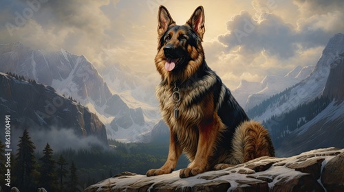 A classic oil painting of a majestic German Shepherd Dog standing proudly against a backdrop of snow-capped mountains photo