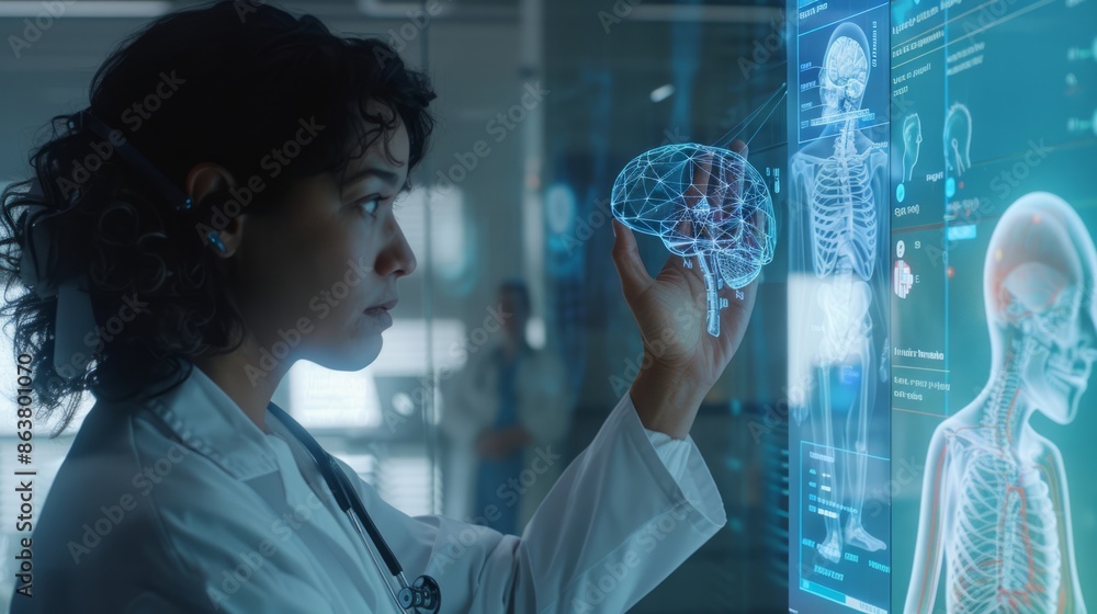 A healthcare professional in a modern clinic using gesture control to interact with a holographic MRI X-ray, with soft lighting and ample copy space around for medical or technological context. A healthcare professional in a modern clinic using gesture control to interact with a holographic MRI X-ray, with soft lighting and ample copy space around for medical or technological context.