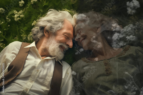 An elderly couple lies on the grass in the summer, concept of nostalgia for a dead loved one. photo