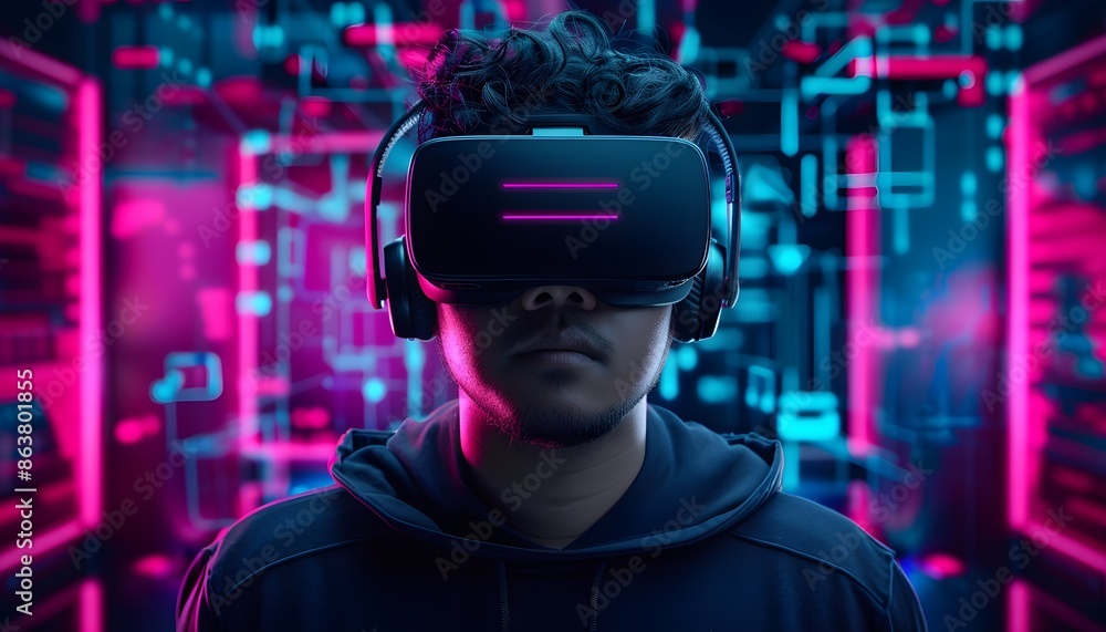 A man wearing a VR headset and a black hoodie stands in a room with neon lights A man wearing a VR headset and a black hoodie stands in a room with neon lights