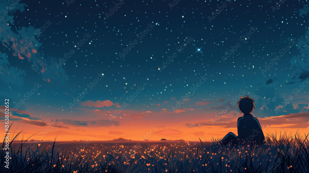 Fototapeta premium Person sitting in a field at sunset looking at a starry night sky with clouds and glowing flowers Anime Lofi Style