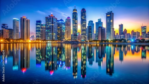 Vibrant cityscape at dusk featuring sleek skyscrapers and neon lights reflected in tranquil waters against a deep blue background.