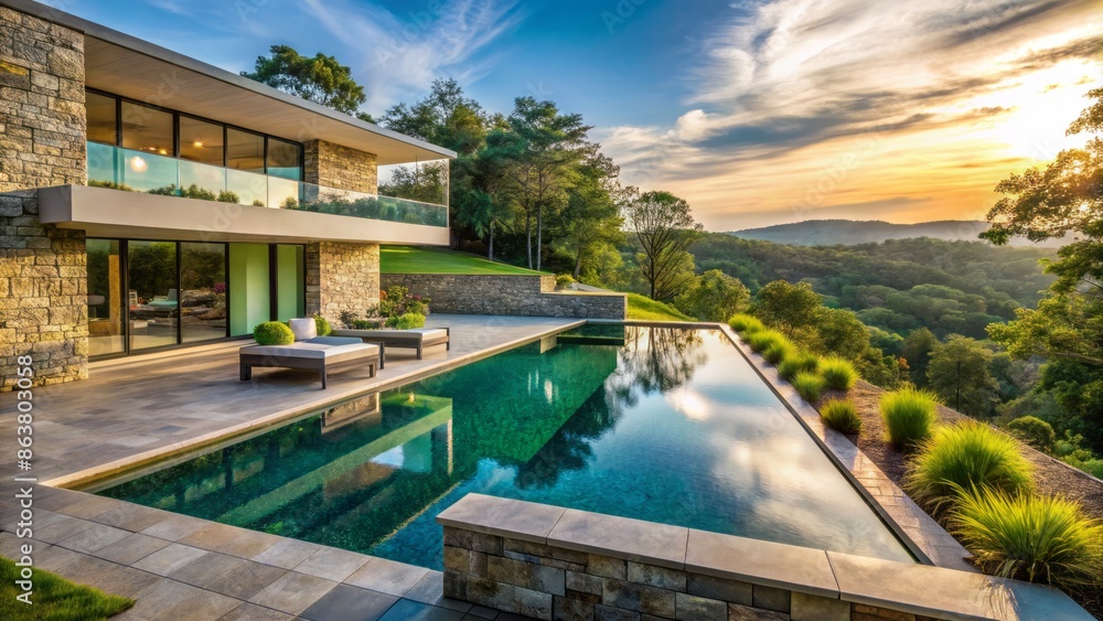 Fototapeta premium Serene upscale outdoor oasis features infinity pool, natural stone walls, lush greenery, and sleek modern architecture overlooking stunning landscape.