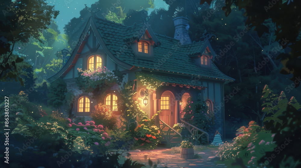 Fototapeta premium Enchanted cottage with warm lights and lush garden in a magical forest at dusk Anime Lofi Style