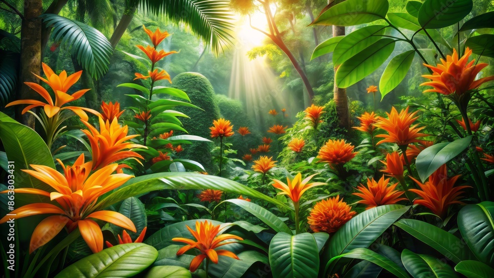 Fototapeta premium Vibrant orange blossoms and lush green foliage entwined in a tropical jungle sanctuary with scattered flowers in varying depths.