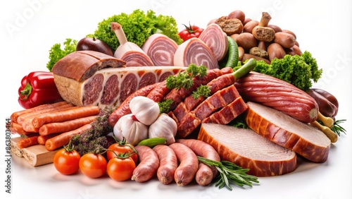 Assorted arrangement of packaging designs featuring pork meat cuts, sausages, and deli products on isolated white background.