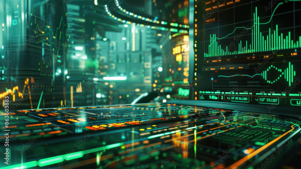 Futuristic digital interface with financial data, charts, and graphs in a high-tech environment Futuristic digital interface with financial data, charts, and graphs in a high-tech environment