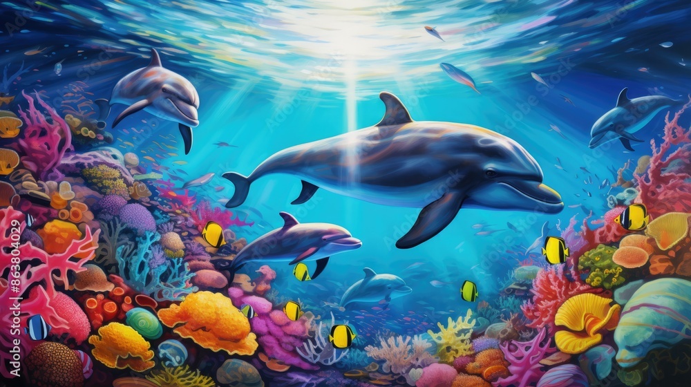 Fototapeta premium A playful pod of dolphins leaping and frolicking in the crystal-clear waters of a tropical reef, their sleek bodies shimmering in the sunlight.
