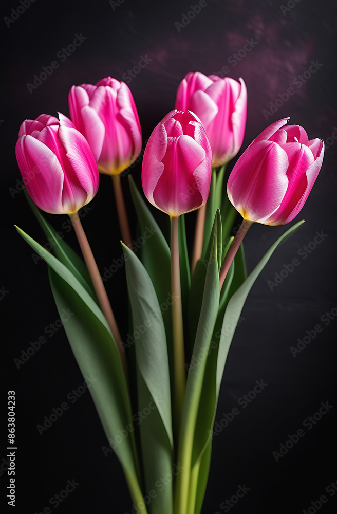 Obraz premium A beautiful bouquet of spring, pink tulips on a black background, floral celebration, fresh flowering, wallpaper, background, screensaver, holiday, print. Vertical picture. High quality photos.