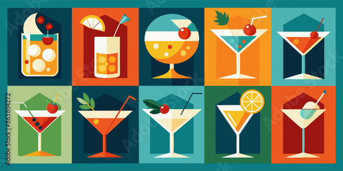 A collection of various cocktails served in martini glasses. A visually appealing collage featuring various cocktails served in martini glasses, conveying a sense of artistry and creativity