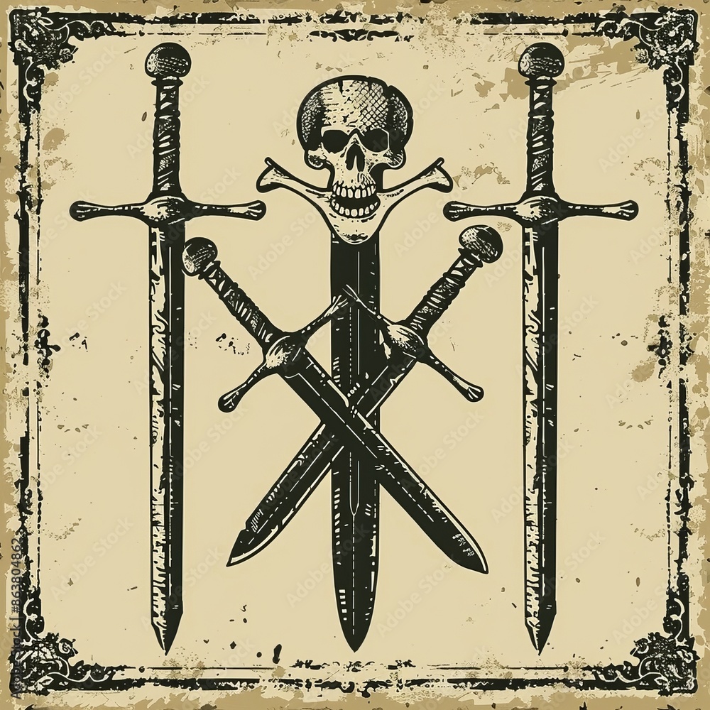 Ilustrace „Ancient map elements with crossed pirate sabers and swords ...