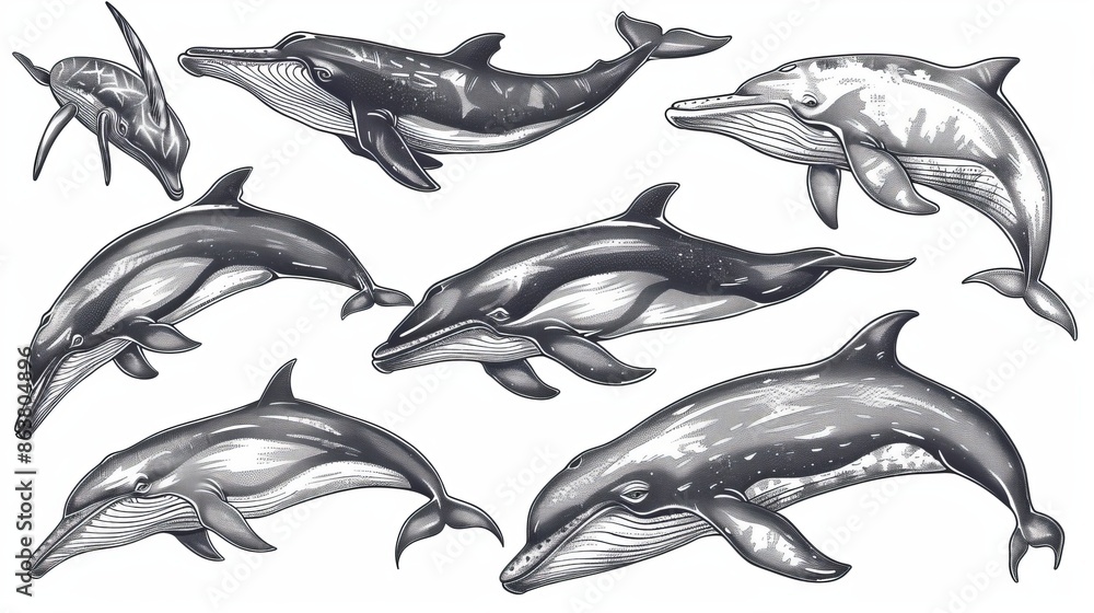 Modern sketches of whales, dolphins, narwhals, and sperm whales, isolated hand-drawn sea creatures. Underwater monsters swimming and jumping in water, toothed whale engravings, bottlenose dolphin Modern sketches of whales, dolphins, narwhals, and sperm whales, isolated hand-drawn sea creatures. Underwater monsters swimming and jumping in water, toothed whale engravings, bottlenose dolphin