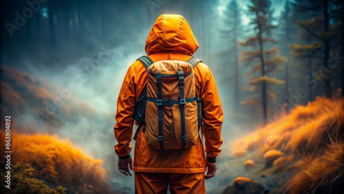Vibrant orange jacketed figure with backpack stands alone in isolated environment, facing away, conveying sense of adventure and solitary travel.