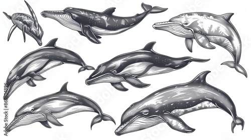 Modern sketches of whales, dolphins, narwhals, and sperm whales, isolated hand-drawn sea creatures. Underwater monsters swimming and jumping in water, toothed whale engravings, bottlenose dolphin photo