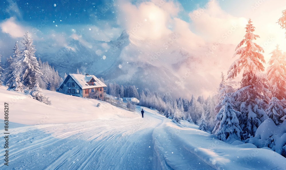 Fototapeta premium A snowy scene featuring a house and trees.