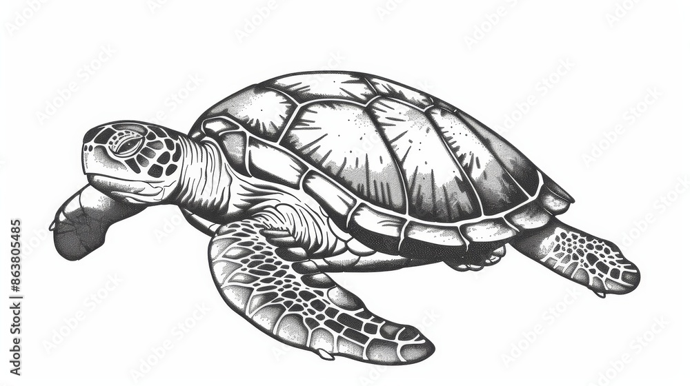 Fototapeta premium Ocean turtle in tropical habitat, Ocean pet in aquarium, monochrome sketch icon. A modern turtle carapace with flippers, cartoon character. An endangered loggerhead sea turtle, a marine animal in