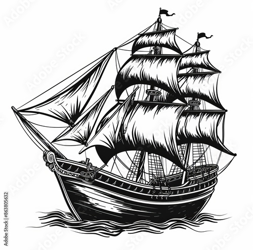 A retro sailing boat with canvas isolated on a white background. A modern caravel galleon marine frigate vessel.