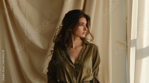 The background of the photo is khaki fabric clothes with a thin waist of stunning model girl photo