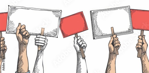 Several hands holding blank placards suggest a protest or advocacy scene, conveying activism or public expression. Modern line drawing.