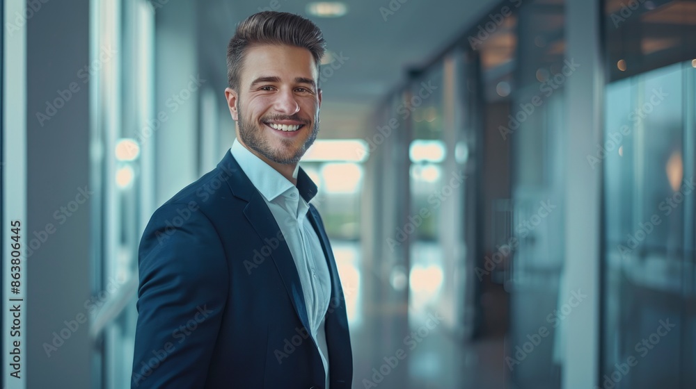 A Smiling Young Businessman Standing In The Corridor Of An Office, His Expression Reflecting Confidence And Success A Smiling Young Businessman Standing In The Corridor Of An Office, His Expression Reflecting Confidence And Success