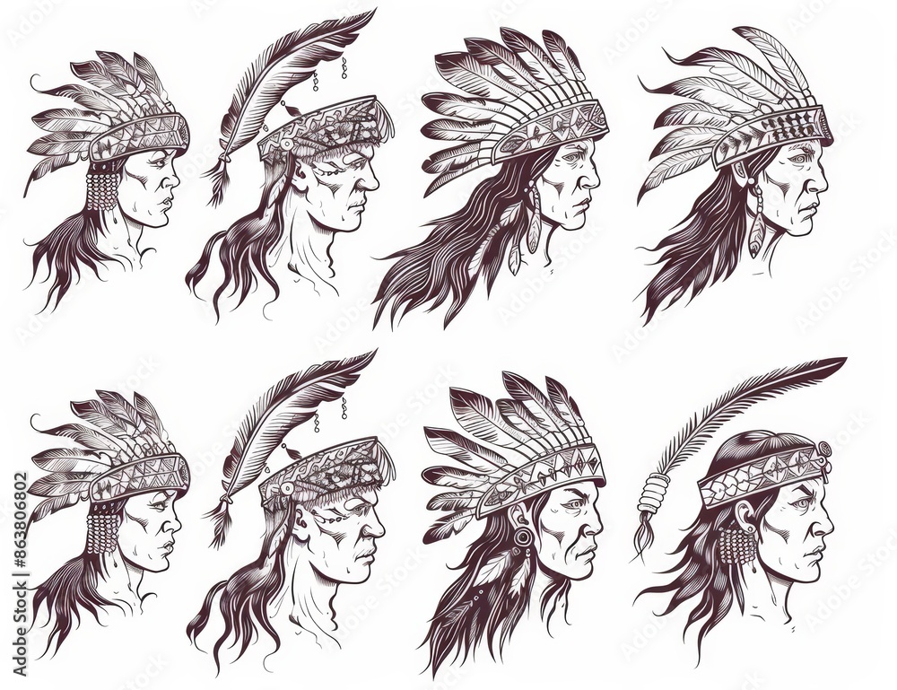 Obraz premium Indian chief sketches. Contemporary portraits of an indian man, an apache warrior, and a Cherokee archer with feather headdresses. History of America and ethnic culture theme.