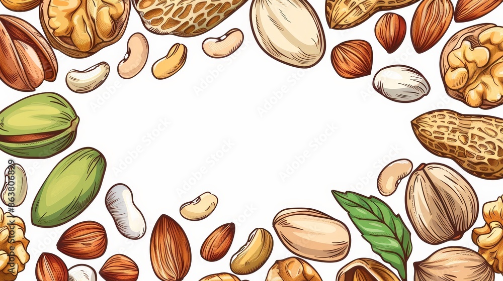 Nuts and legume beans modern food design sketch. Featuring peanuts, almonds, pistachios, hazelnuts, walnuts, and groundnuts, dried seeds and grains, and nut shells. Nuts and legume beans modern food design sketch. Featuring peanuts, almonds, pistachios, hazelnuts, walnuts, and groundnuts, dried seeds and grains, and nut shells.