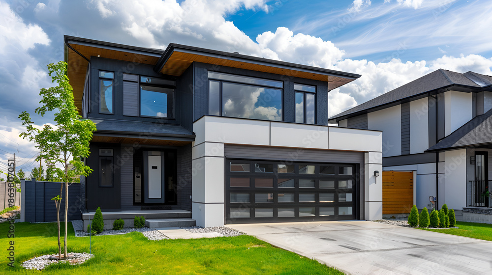 Obraz premium Architecture, modern house, modern architecture, new luxury house,Beautiful contemporary white house with lush grass and blue sky twilight and daylight