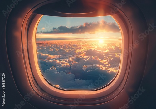Sunrise View from Airplane Window Over Cloudscape © Jyukaruu's Studio