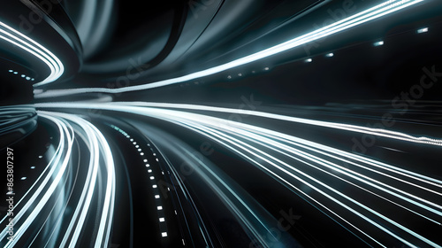 Abstract technology futuristic light road. Glowing white neon stripes. Station space. Motion geometry background. 4k moving