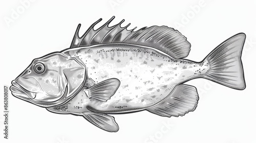 Sea fish isolated monochrome sketch icon with gulf summer flounder, Paralichthys albigutta, and olive marinated winter halibut. photo