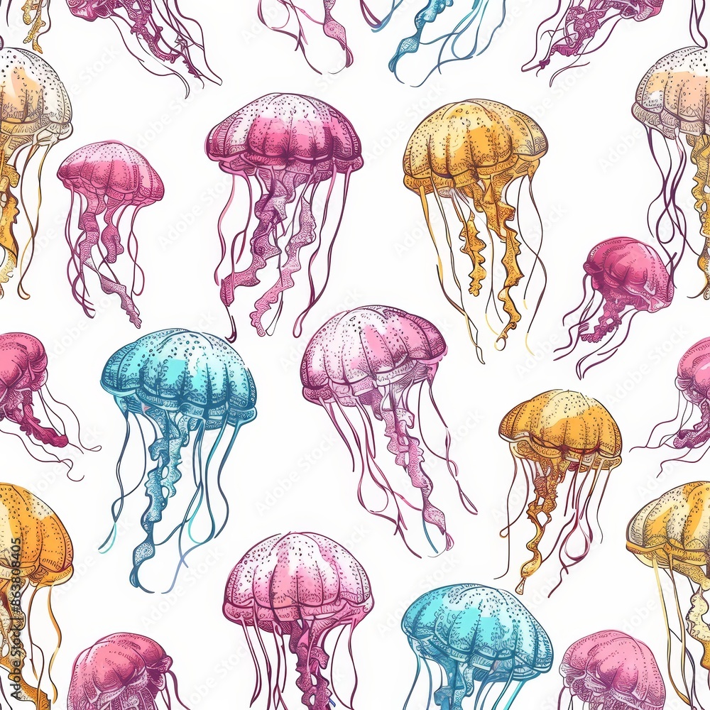 Sea creatures or ocean undersea wildlife hand drawn or sketched seamless pattern, jellyfish with tentacles. Sea creatures or ocean undersea wildlife hand drawn or sketched seamless pattern, jellyfish with tentacles.