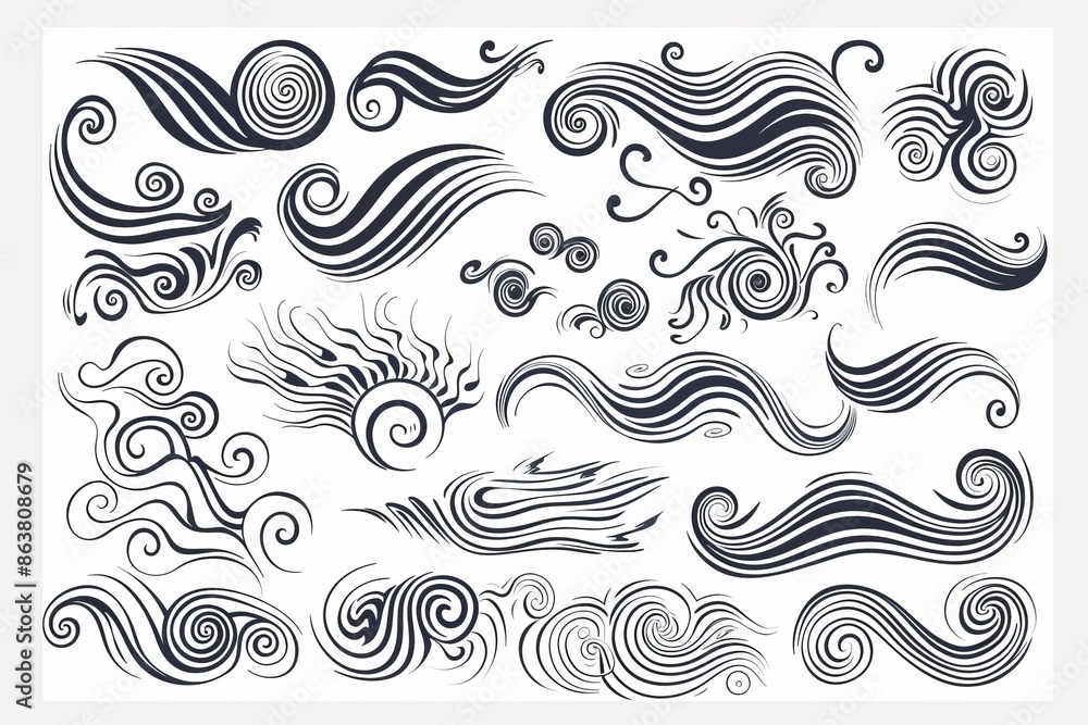 Isolated modern swirls, blow waves, curl spirals in black colors, creating a playful, artistic expression of movement and energy. Isolated modern swirls, blow waves, curl spirals in black colors, creating a playful, artistic expression of movement and energy.