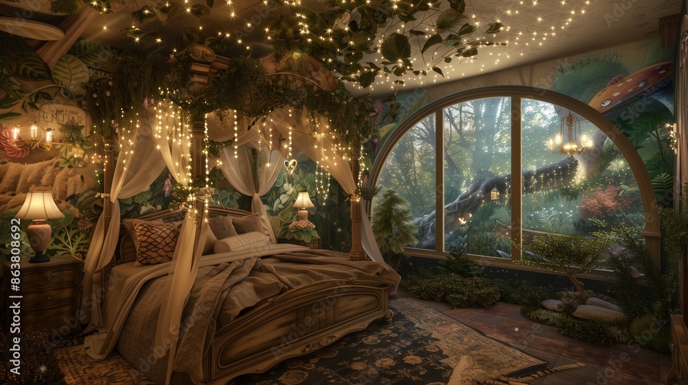 A guest room with a whimsical, fairy tale theme, featuring a canopy bed with twinkling lights, enchanted forest wall art, and a large window with a magical garden view. A guest room with a whimsical, fairy tale theme, featuring a canopy bed with twinkling lights, enchanted forest wall art, and a large window with a magical garden view.